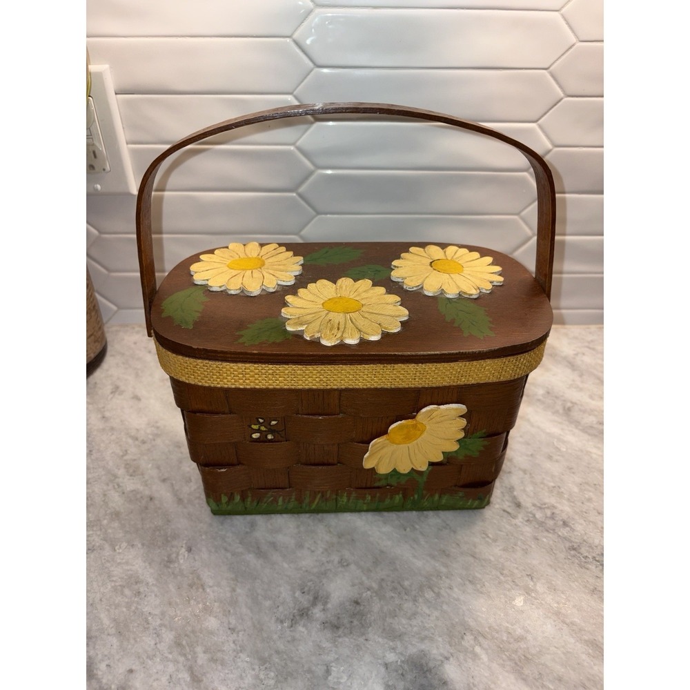 Hand-Painted Brown Daisy Cosmetic Basket Bag
